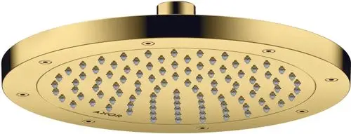 Kopfbrause mit runder, goldfarbener Oberfläche und gleichmäßig verteilten Düsen. Modell von AXOR zur Wandmontage.